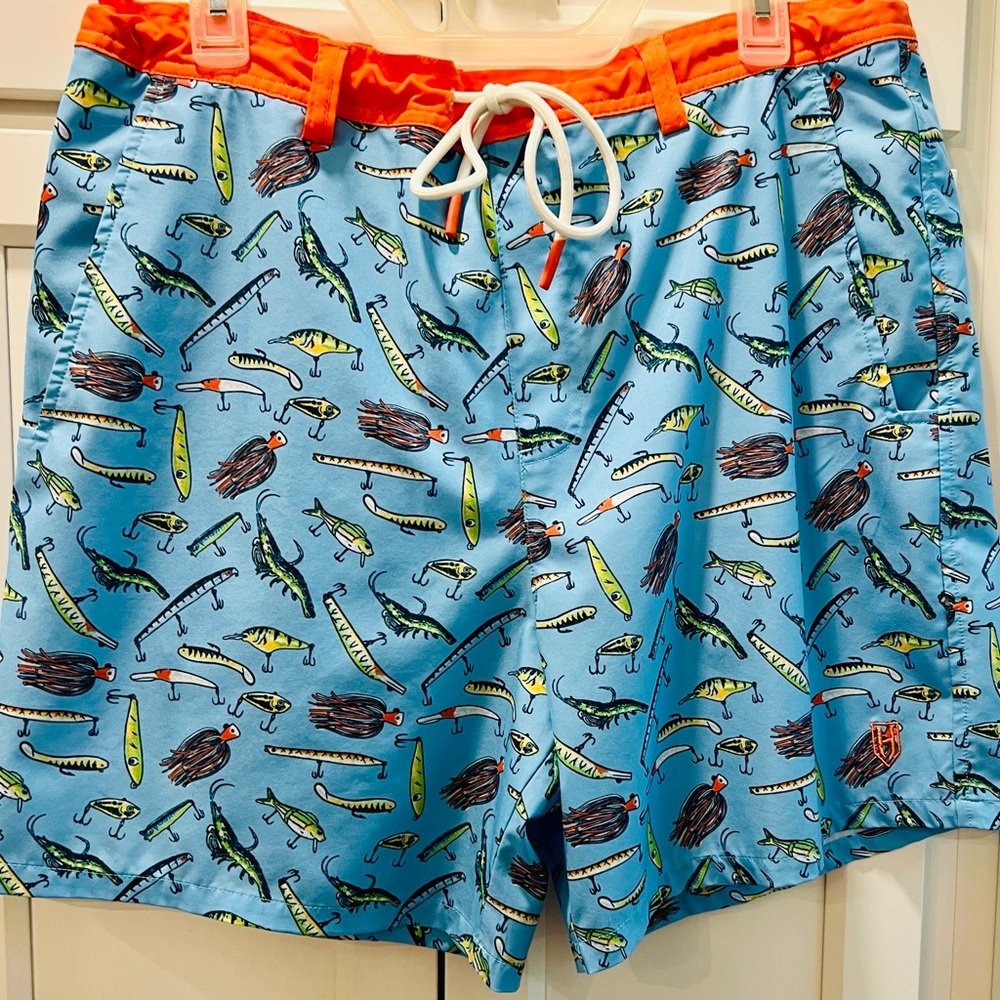 Men's Haybo Blue Fishing Lure Print Swim Trunks size large. B6
